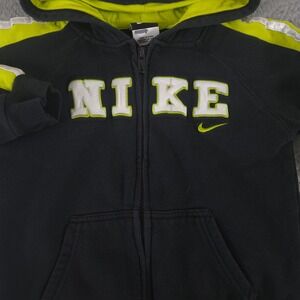 VINTAGE Nike Hoodie Boys 6 Black Neon Stripes Full Zip Fleece Sweatshirt Y2K
